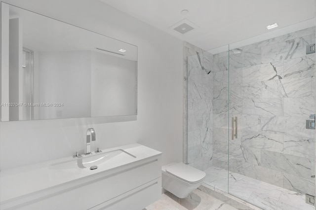 bathroom featuring toilet, vanity, and an enclosed shower