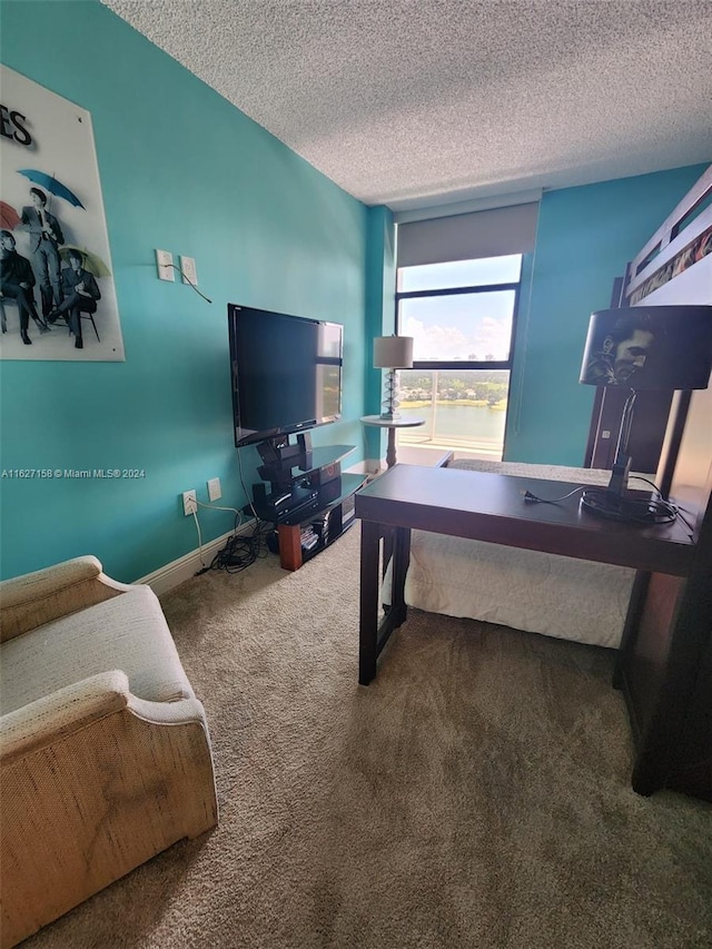 bedroom featuring a textured ceiling and carpet flooring