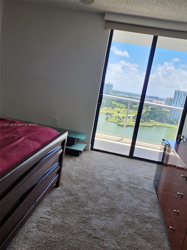 carpeted bedroom featuring a water view and a textured ceiling