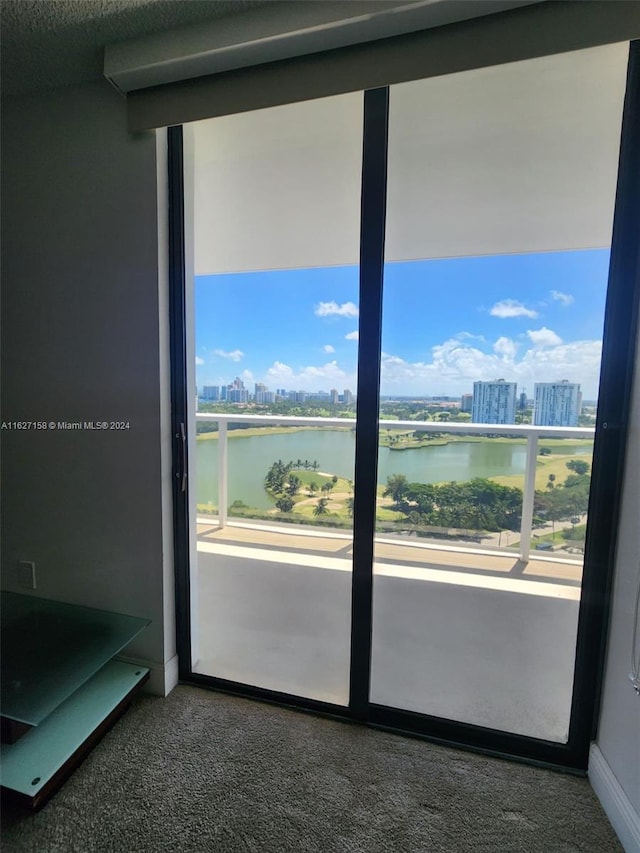 entryway with a water view and carpet