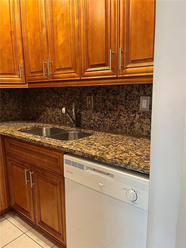 kitchen featuring dark stone countertops, white dishwasher, sink, and backsplash