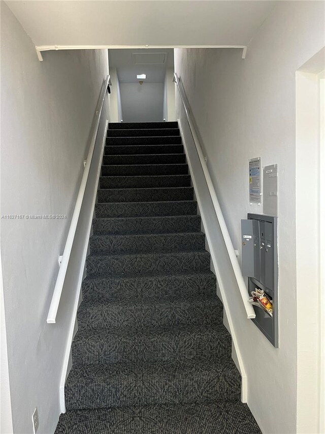 stairs featuring carpet flooring