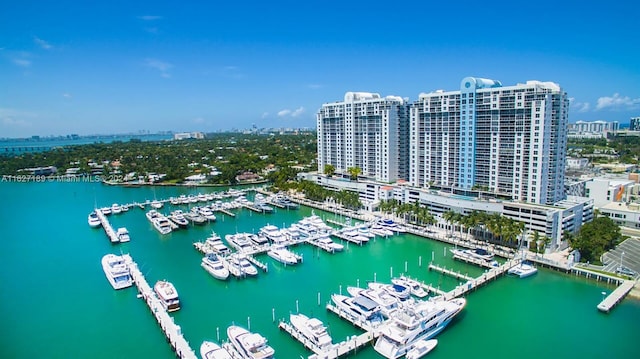 birds eye view of property featuring a water view