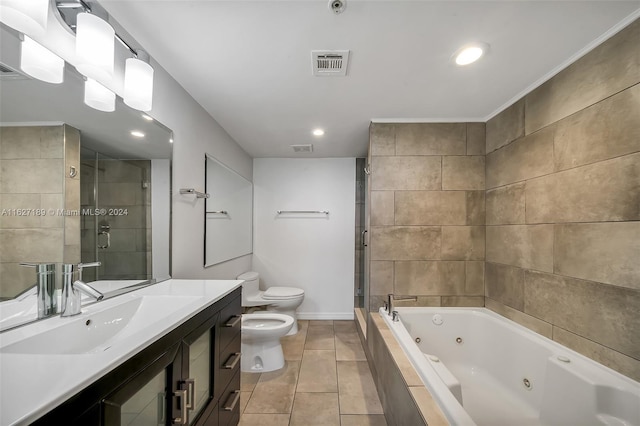 full bathroom featuring tile patterned flooring, a bidet, separate shower and tub, vanity, and toilet