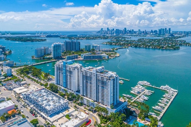 birds eye view of property featuring a water view