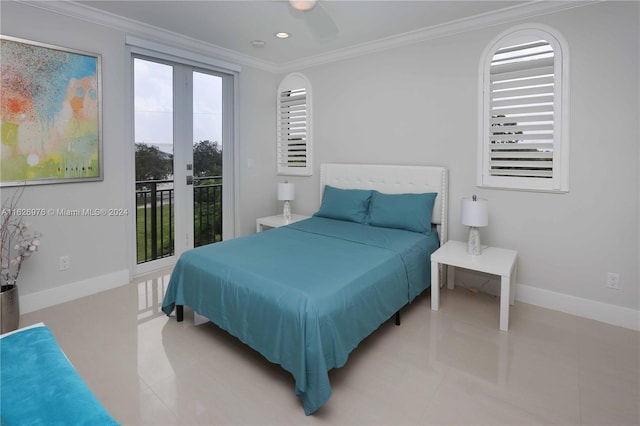 645 NE 9th Ave, Fort Lauderdale, FL 33304 - bedroom featuring access to exterior, crown molding, baseboards, recessed lighting, and ceiling fan