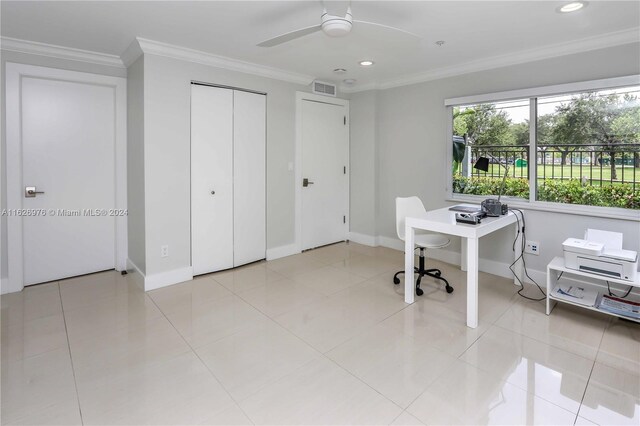 645 NE 9th Ave, Fort Lauderdale, FL 33304 - office area with recessed lighting, baseboards, ornamental molding, and a ceiling fan