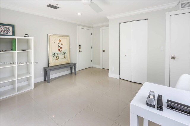 645 NE 9th Ave, Fort Lauderdale, FL 33304 - office area with crown molding, ceiling fan, baseboards, light tile patterned floors, and recessed lighting