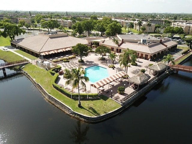 bird's eye view with a water view