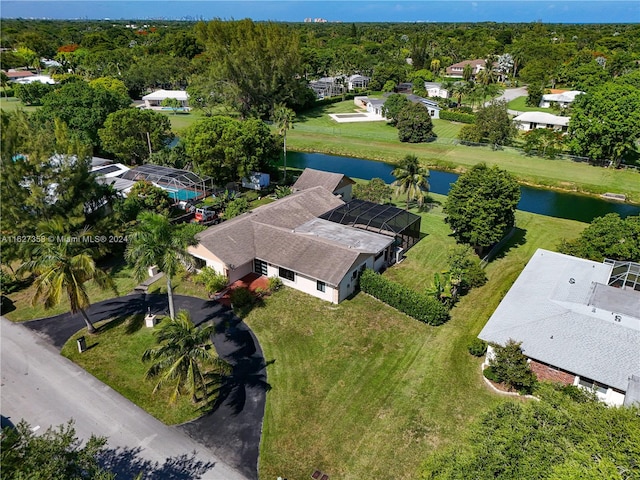 drone / aerial view with a water view