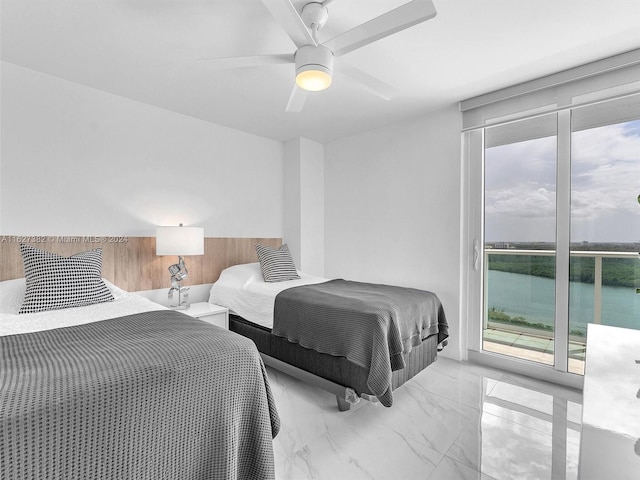 tiled bedroom featuring a water view, access to exterior, and ceiling fan