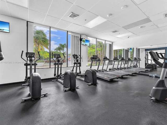 exercise room with a drop ceiling and a wall of windows