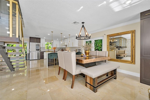 7949 NW 188th Ter, Hialeah, FL 33015 - dining room featuring a chandelier, crown molding, a textured ceiling, and recessed lighting