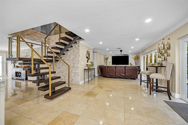7949 NW 188th Ter, Hialeah, FL 33015 - staircase featuring ornamental molding, recessed lighting, and a ceiling fan