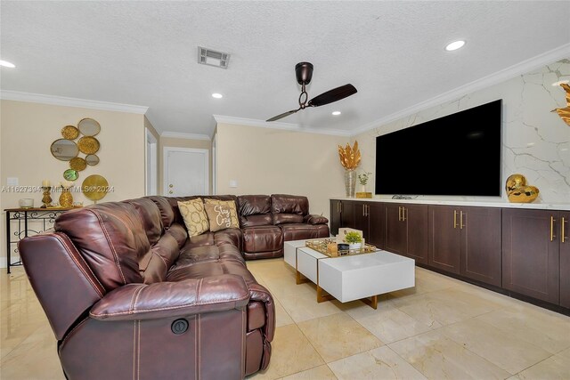 7949 NW 188th Ter, Hialeah, FL 33015 - living area with crown molding, a ceiling fan, recessed lighting, a textured ceiling, and light marble finish flooring