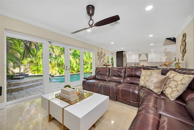 7949 NW 188th Ter, Hialeah, FL 33015 - living room featuring crown molding, ceiling fan, recessed lighting, and french doors