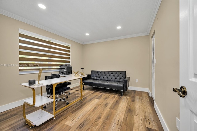 office with crown molding and wood-type flooring