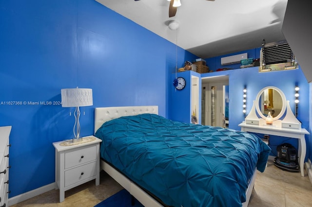 bedroom featuring a wall mounted AC and ceiling fan