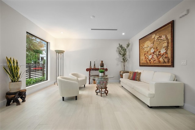 living room featuring a wealth of natural light and light hardwood / wood-style flooring