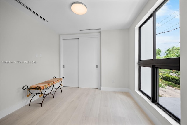 interior space with light wood-type flooring and a closet