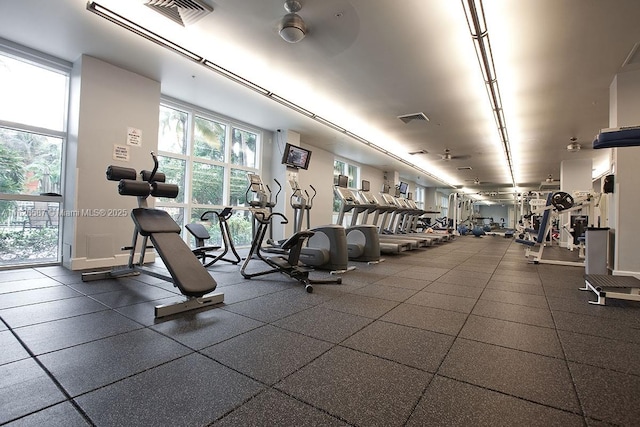 gym with plenty of natural light, visible vents, and floor to ceiling windows