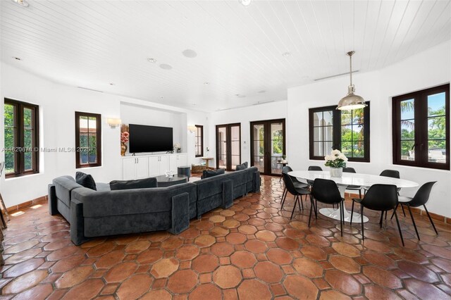 living room featuring french doors and a healthy amount of sunlight