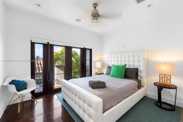 bedroom with ceiling fan, dark wood-type flooring, access to outside, and french doors