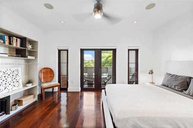 bedroom with access to exterior, french doors, dark hardwood / wood-style floors, and ceiling fan