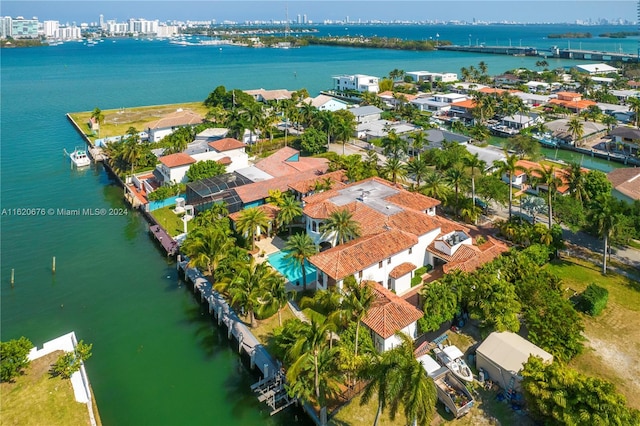 drone / aerial view featuring a water view