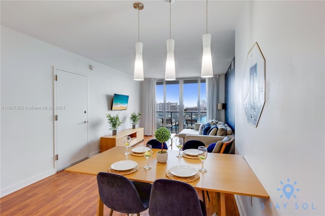 dining room with floor to ceiling windows and wood-type flooring