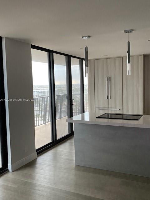 kitchen featuring pendant lighting, light hardwood / wood-style flooring, and floor to ceiling windows