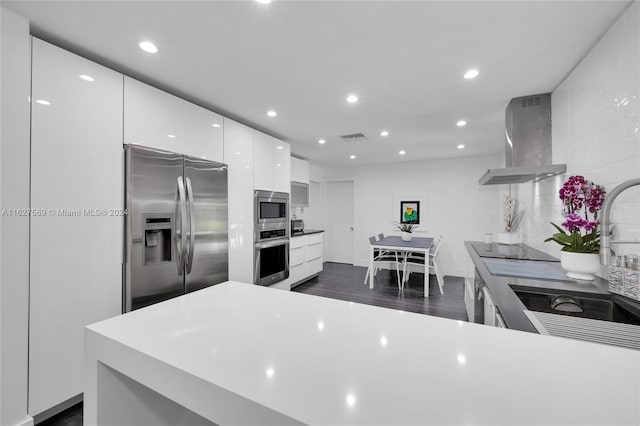 kitchen with dark wood-type flooring, tasteful backsplash, appliances with stainless steel finishes, and island exhaust hood