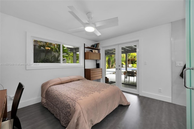 bedroom with dark wood-type flooring, access to outside, french doors, and ceiling fan