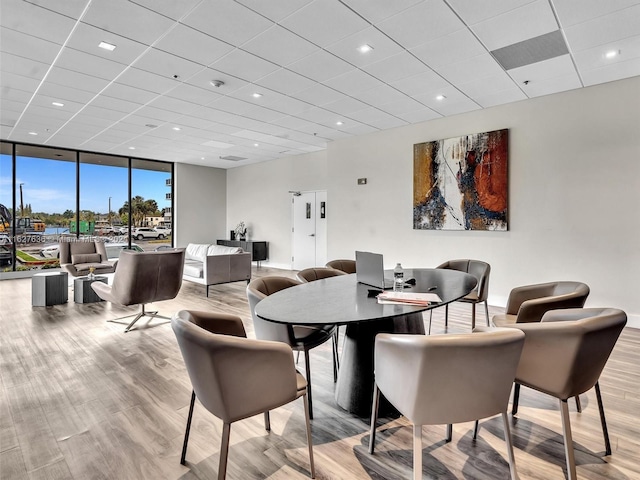 dining space with light hardwood / wood-style flooring, a wall of windows, and a drop ceiling