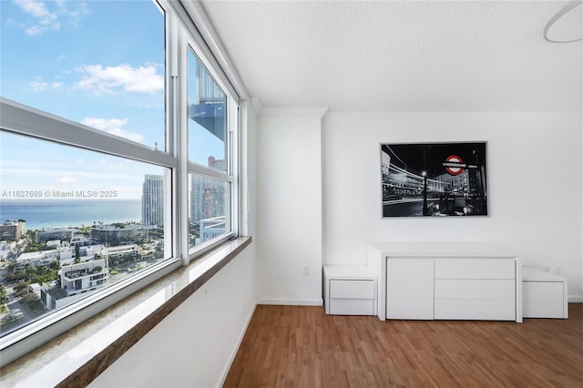 interior space featuring a water view, a textured ceiling, and hardwood / wood-style flooring