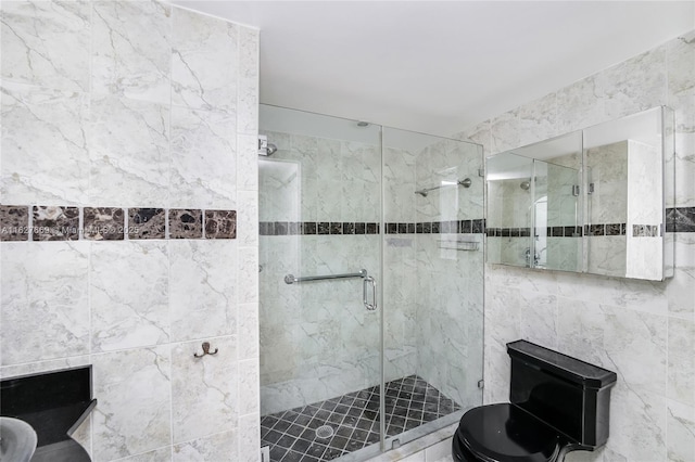 bathroom featuring walk in shower and tile walls