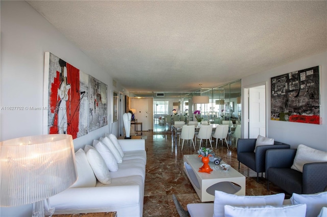 living room featuring a textured ceiling