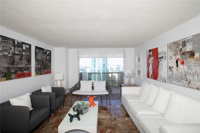 living room with a textured ceiling