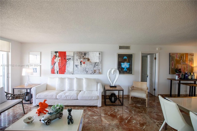 living room with a textured ceiling