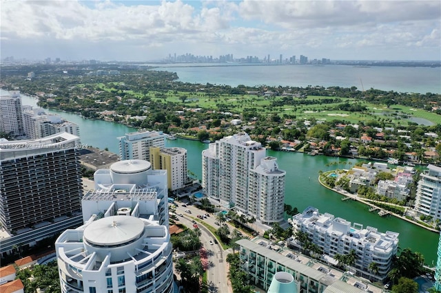 bird's eye view with a water view