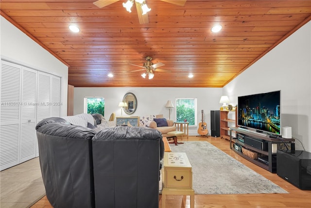 living room with ceiling fan, light wood-type flooring, wood ceiling, and lofted ceiling