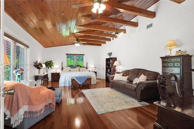 living room with ceiling fan, dark wood-type flooring, and wooden ceiling