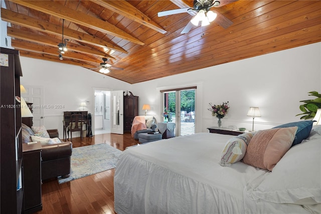 bedroom with wooden ceiling, lofted ceiling with beams, and dark hardwood / wood-style flooring