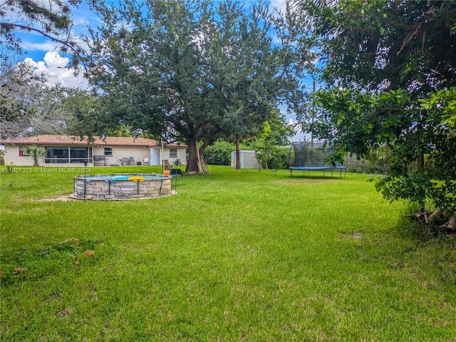 view of yard with a trampoline and a storage shed