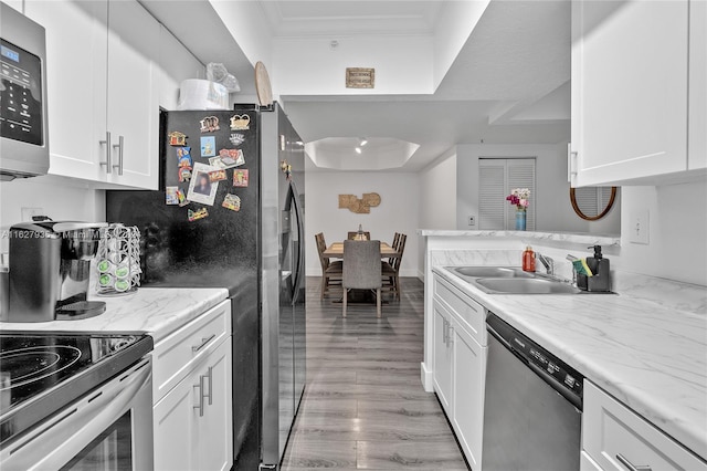 kitchen featuring a tray ceiling, appliances with stainless steel finishes, light hardwood / wood-style floors, and white cabinetry