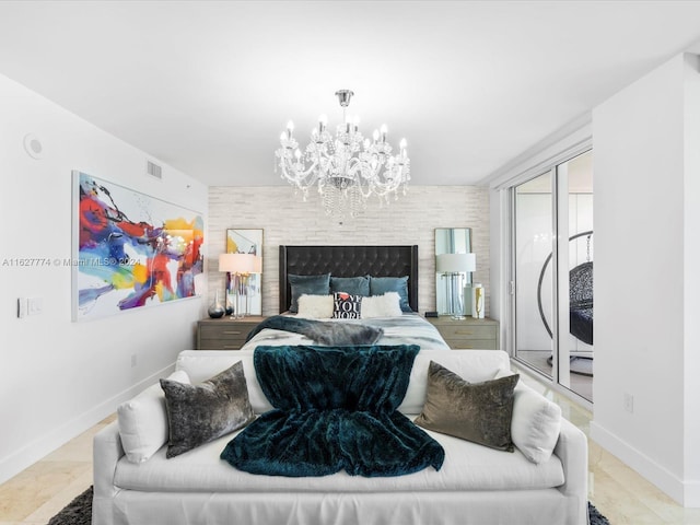 bedroom with an inviting chandelier