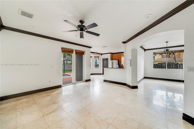 interior space with ceiling fan with notable chandelier, ornamental molding, and light tile patterned floors