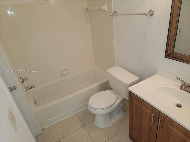 full bathroom with bathtub / shower combination, toilet, vanity, and tile patterned flooring