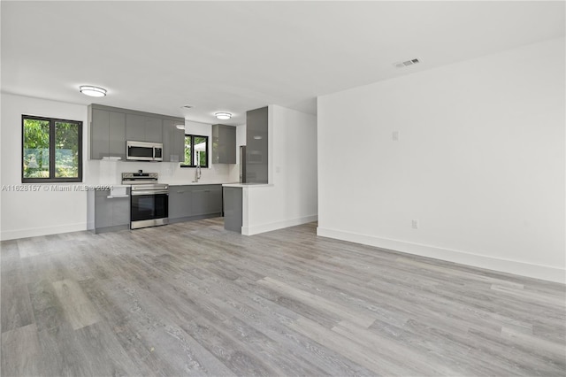 unfurnished living room with light hardwood / wood-style floors, sink, and a wealth of natural light