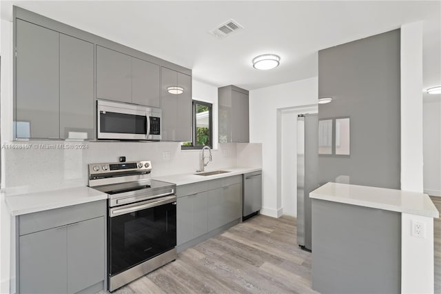 kitchen featuring kitchen peninsula, gray cabinets, appliances with stainless steel finishes, backsplash, and sink